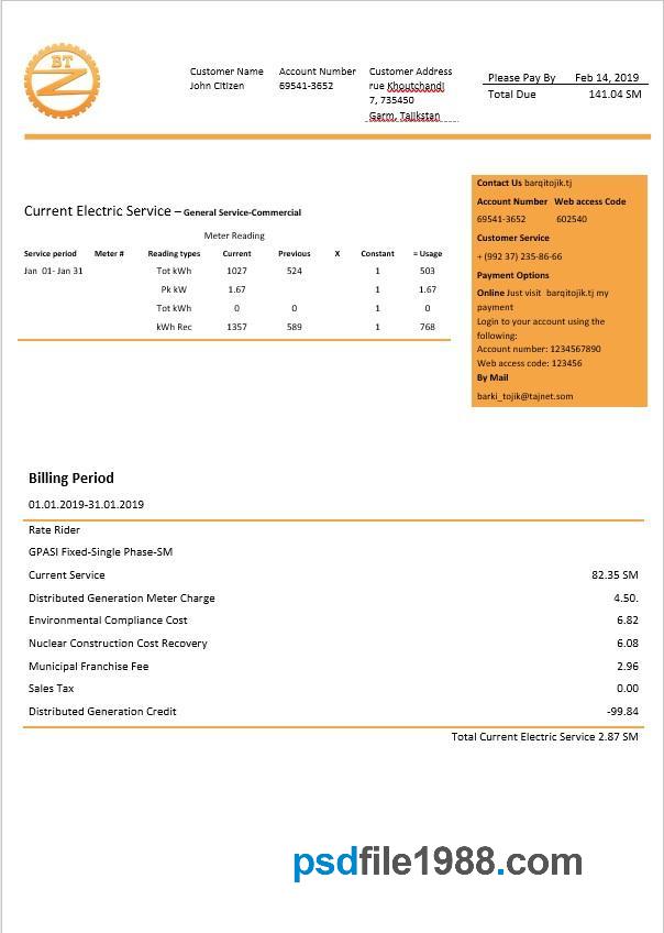 Tajikstan Barqi Tojik Electricity Bill